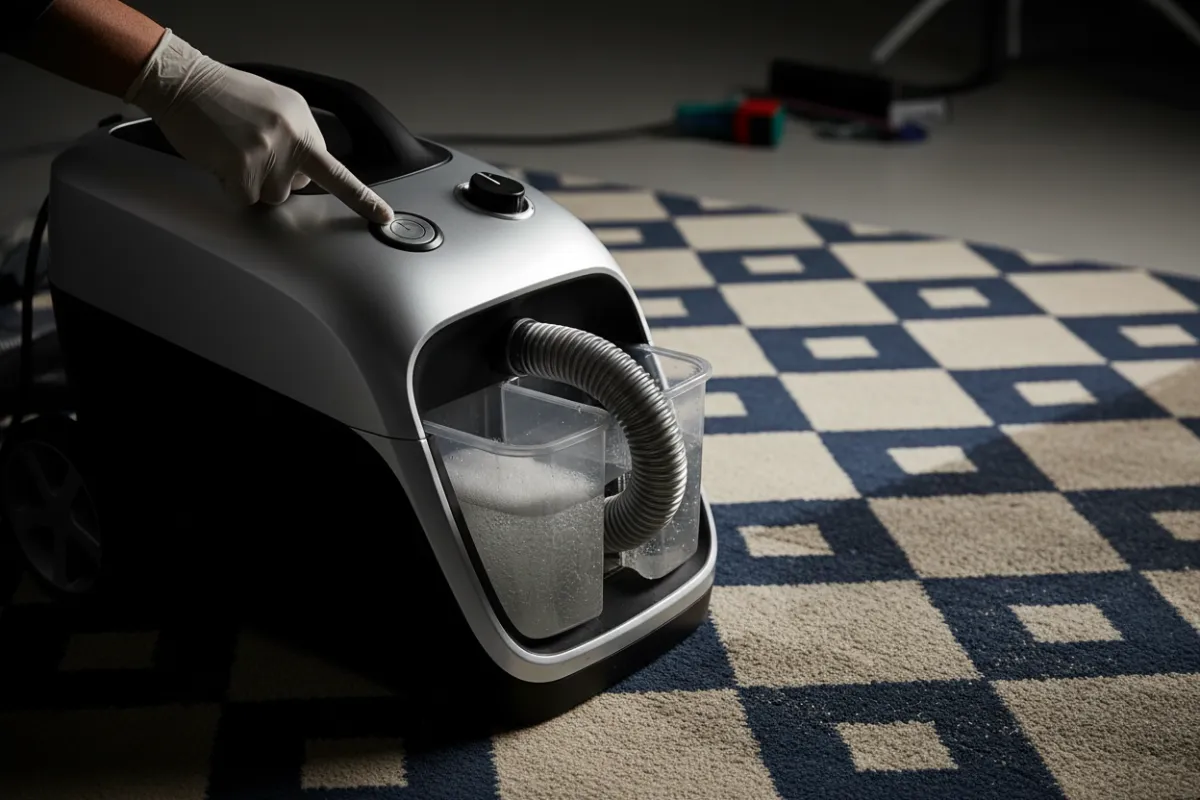 Technician operating a professional carpet cleaning extractor on a rug