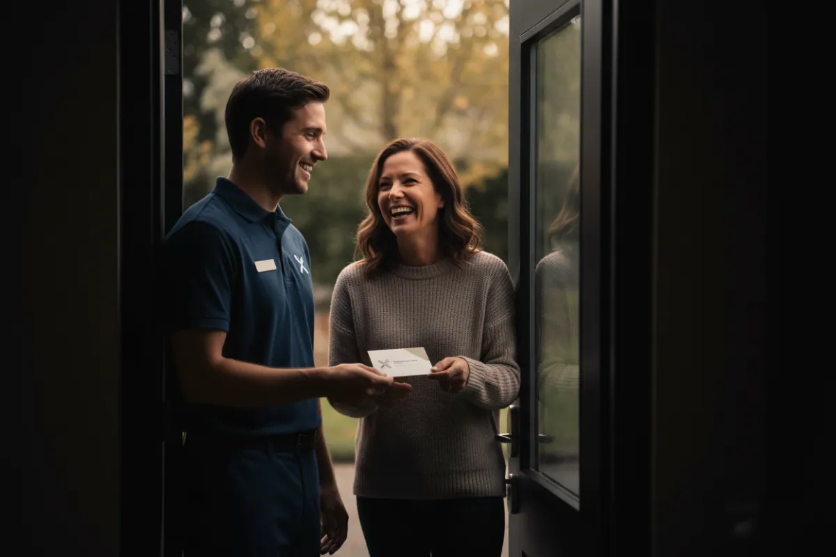 Homeowner receiving a maintenance plan card from a technician