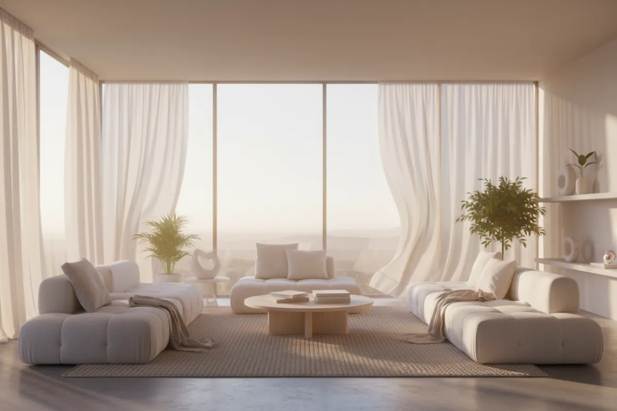 A serene, sunlit living room with floor-to-ceiling windows, soft neutral furnishings, and a subtle dreamlike glow, evoking a sense of possibility and comfort. Modern yet inviting, the space hints at transformation and personal style.
