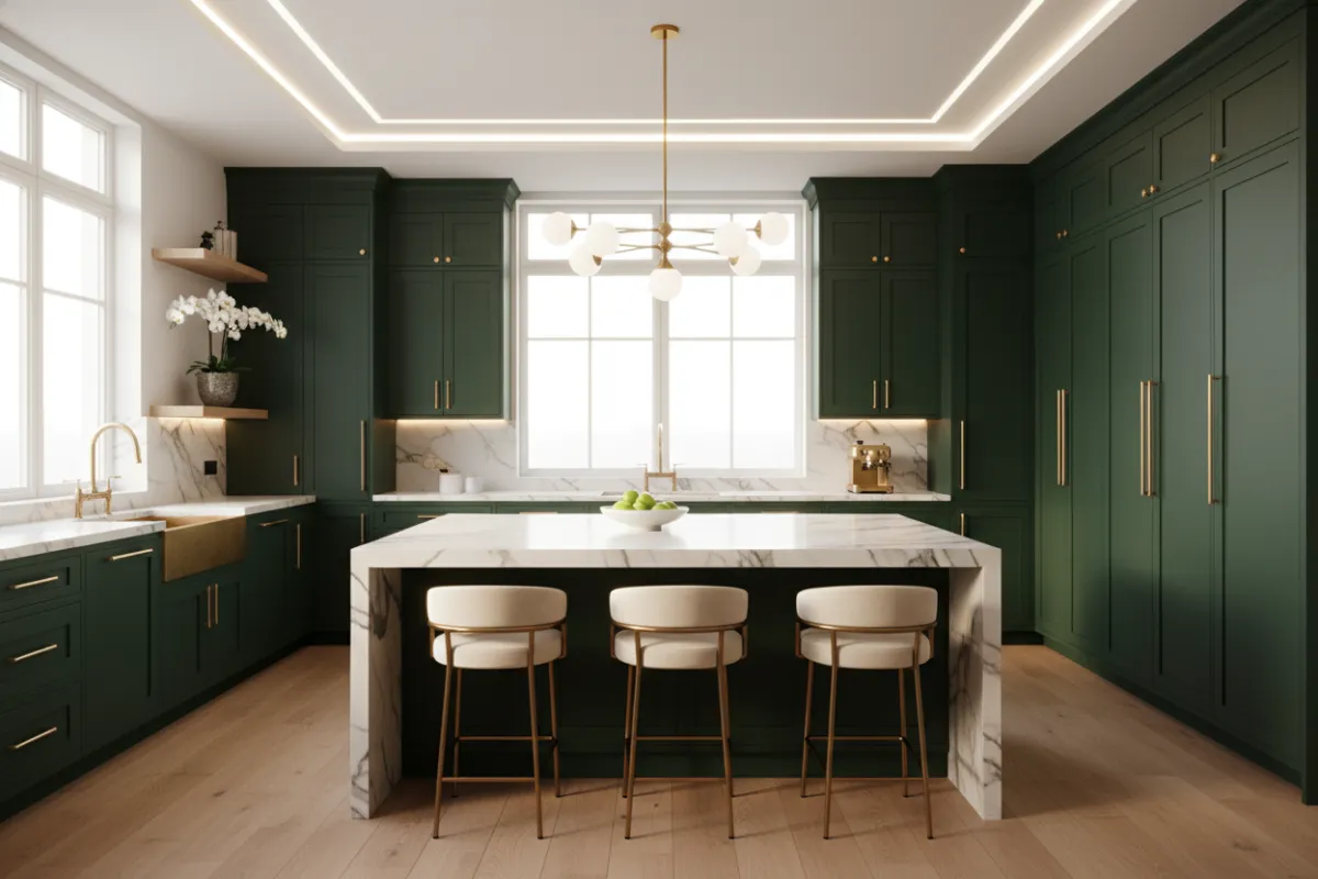 A modern kitchen with deep green cabinetry, brass fixtures, and a large marble island, bathed in natural light. The space feels both luxurious and welcoming, showcasing a complete transformation from a dated layout to a dream culinary hub.