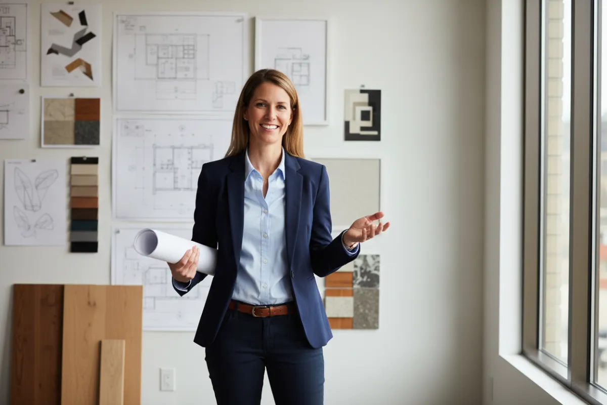 A smiling project manager in business-casual attire, holding architectural plans in a bright, modern office. The background features design sketches and samples, conveying professionalism, approachability, and readiness to assist homeowners.