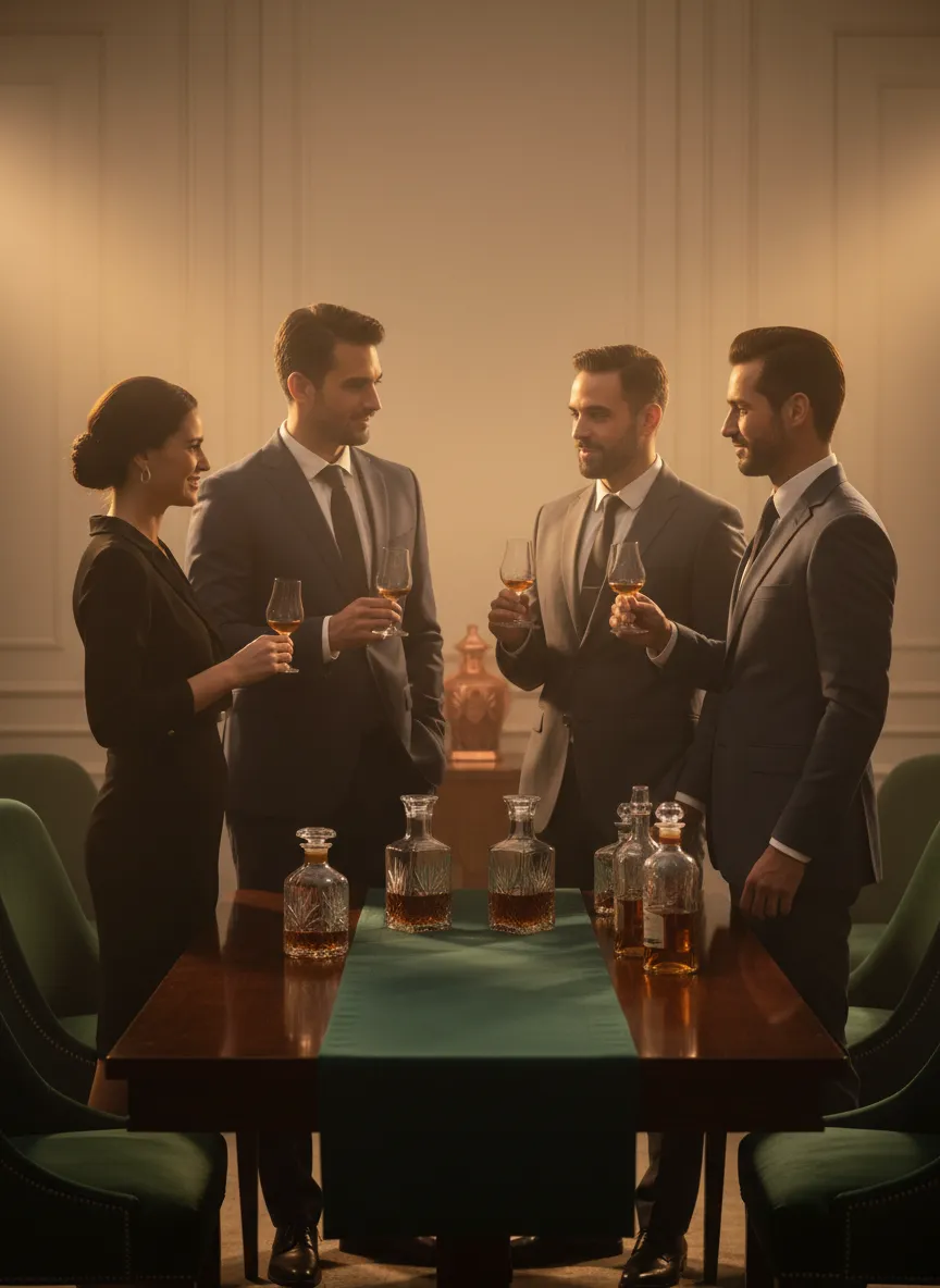Colegas conversando animadamente en una cata de whisky corporativa en Panamá