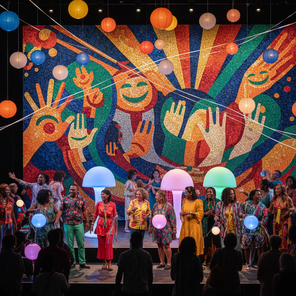 Backdrop pentas komuniti dengan corak mozek dan warna terang