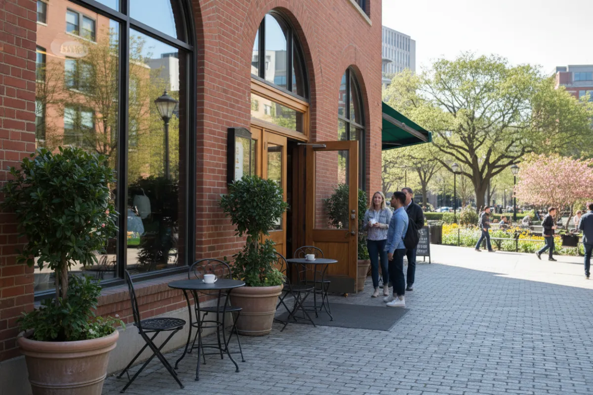 Street view of café exterior, brick façade, outdoor seating, city park nearby.
