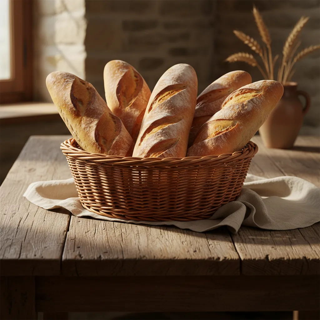 Freshly baked baguettes in basket, rustic setting, golden crust.