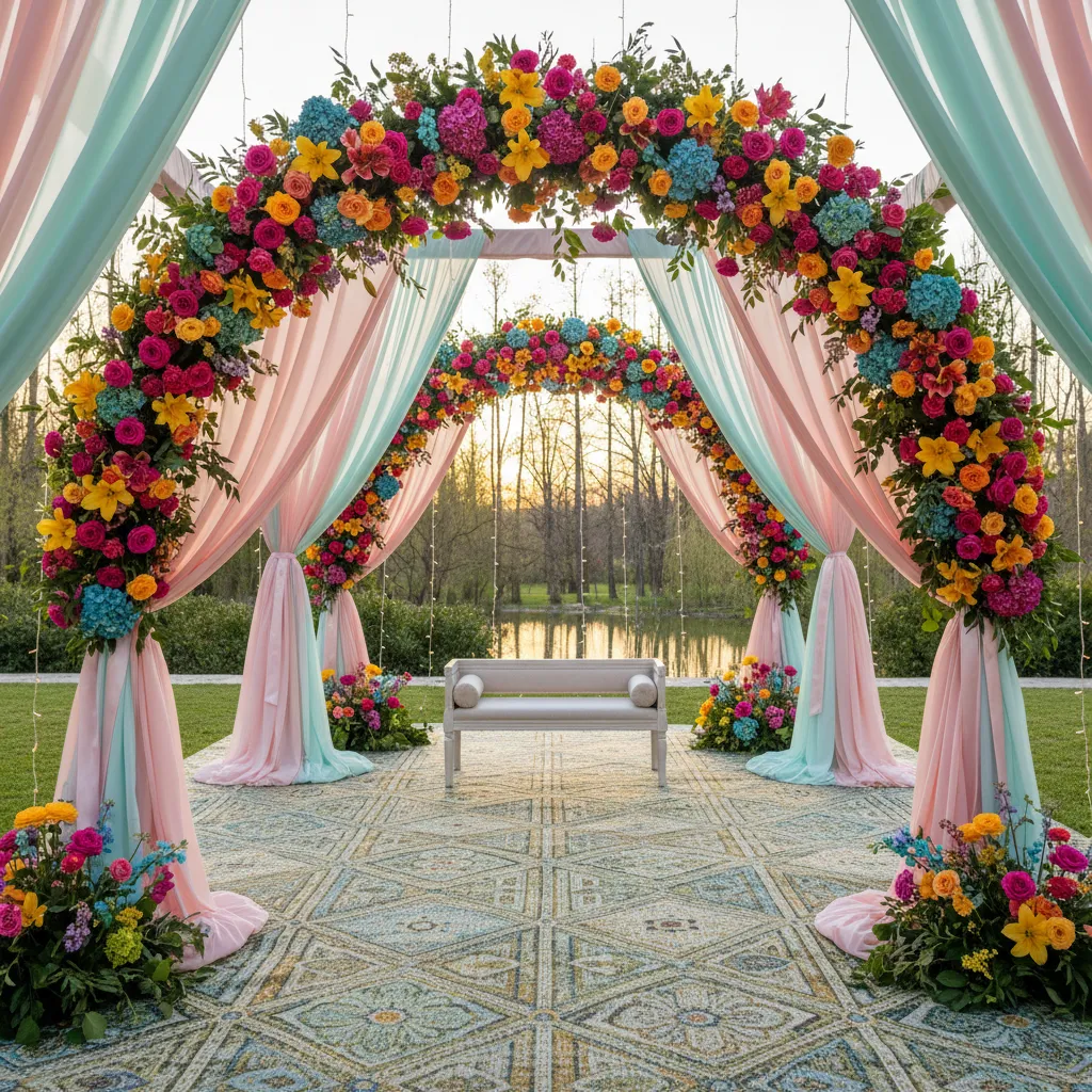 Dekorasi pelamin moden dengan bunga berwarna-warni dan lampu lembut