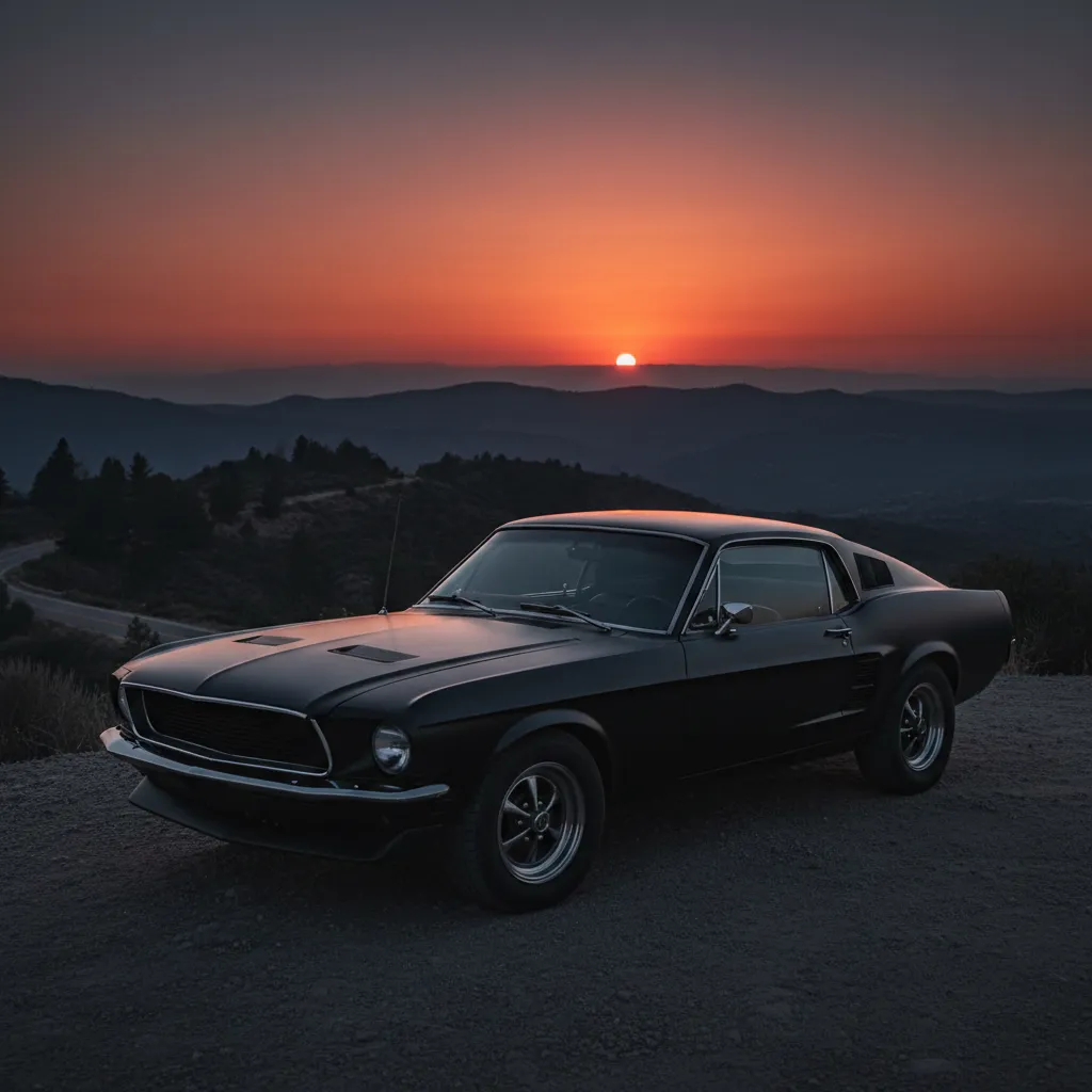 A classic muscle car wrapped in a deep matte black finish, parked on a scenic overlook at sunset. The wrap’s texture absorbs the light, giving the car a stealthy, powerful presence. The background features rolling hills and a glowing sky.