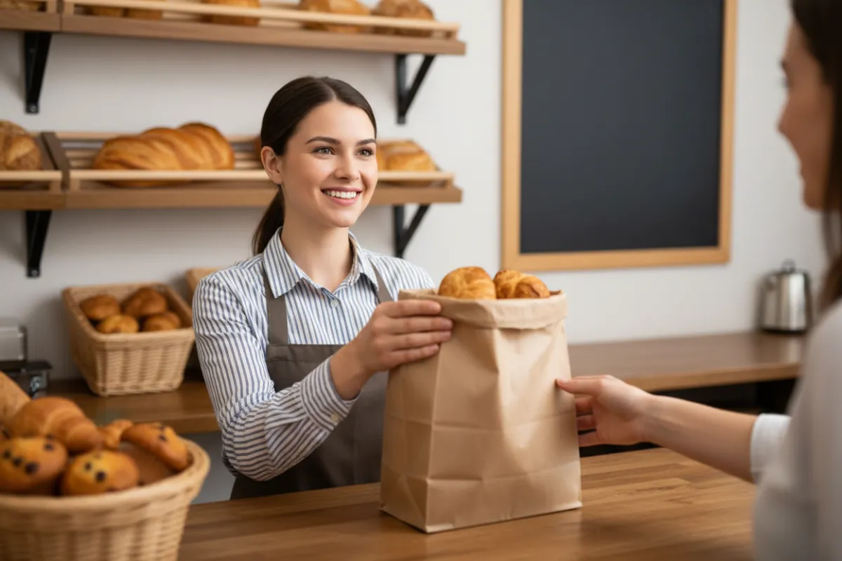 Smiling staff member at counter, handing over a pastry bag, friendly service.