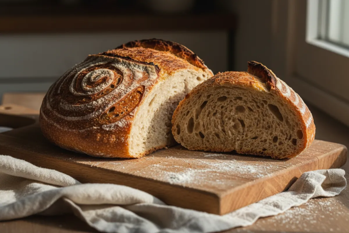Crusty sourdough loaf on wooden board, golden brown, rustic scoring.