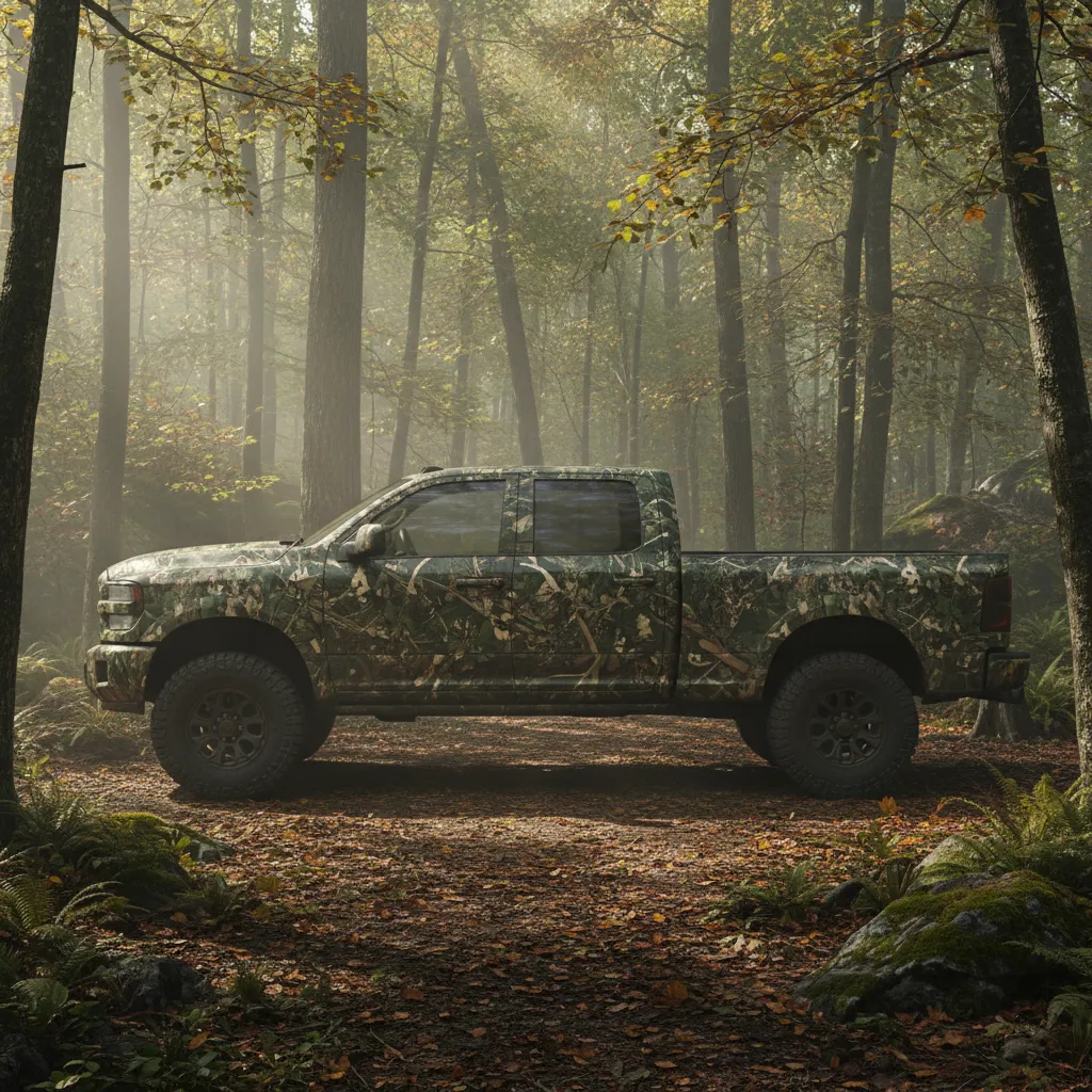 A rugged pickup truck wrapped in a camouflage pattern, parked in a forest clearing. The wrap blends with the natural surroundings, and the truck is shown from the side to display the full camo effect. The lighting is soft and natural.