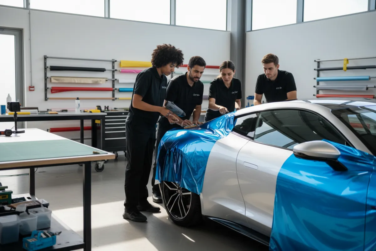 A diverse team of car wrap professionals in a modern workshop, examining a high-end vehicle mid-wrap. The team includes men and women of different ages and backgrounds, all wearing branded uniforms and focused on their craft. The workshop is bright, organized, and filled with tools and wrap materials.