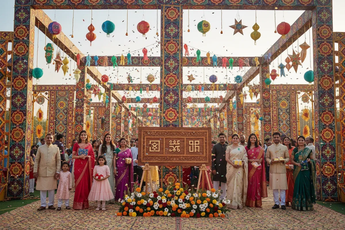 A bright, inviting event entrance with patterned archways, colorful lanterns, and a welcome sign. Guests are arriving, smiling and ready to celebrate in a lively, festive environment.
