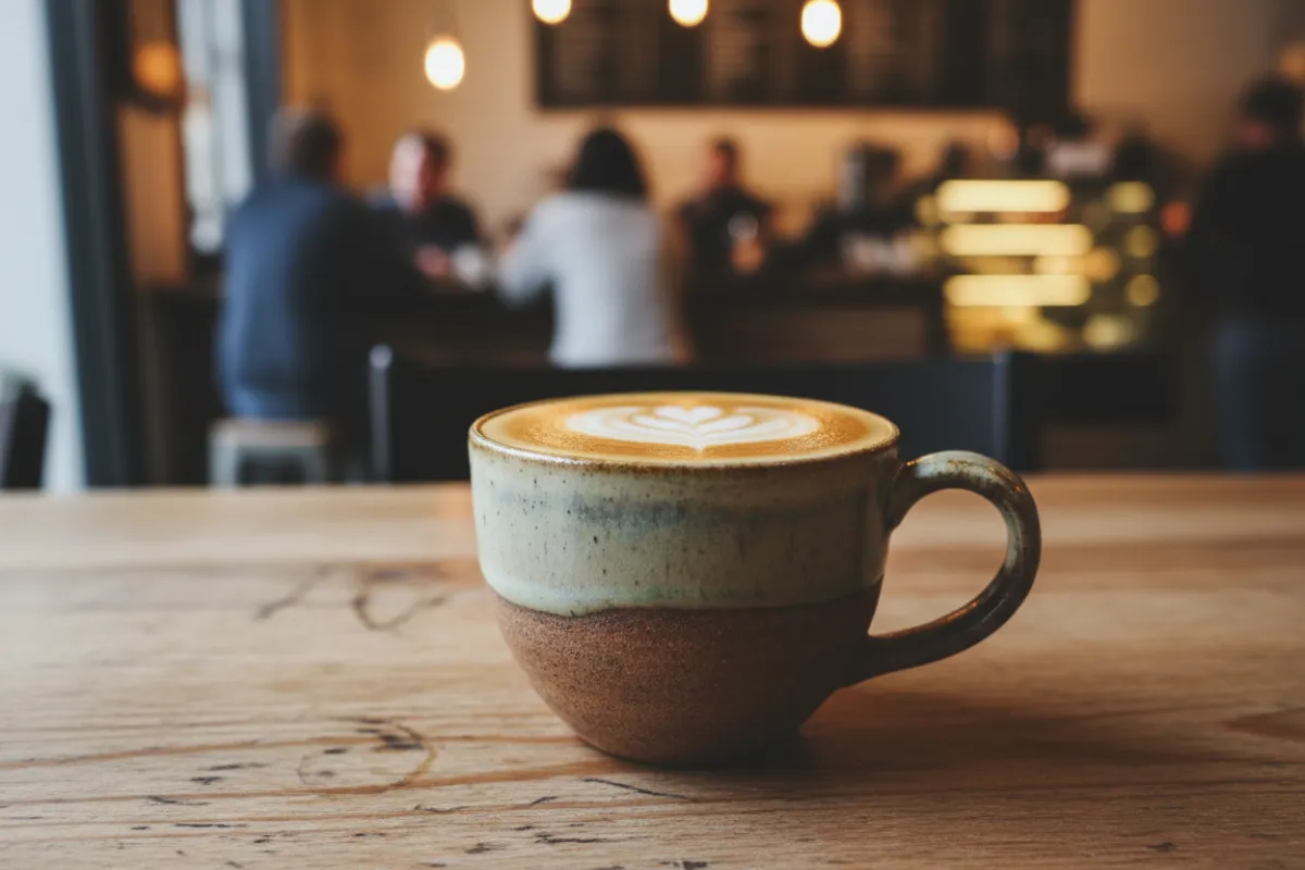 Latte in artisan mug, heart-shaped foam art, wooden table.