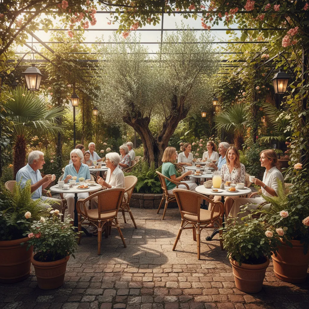 Sunlit café patio, people chatting, greenery, relaxed vibe.