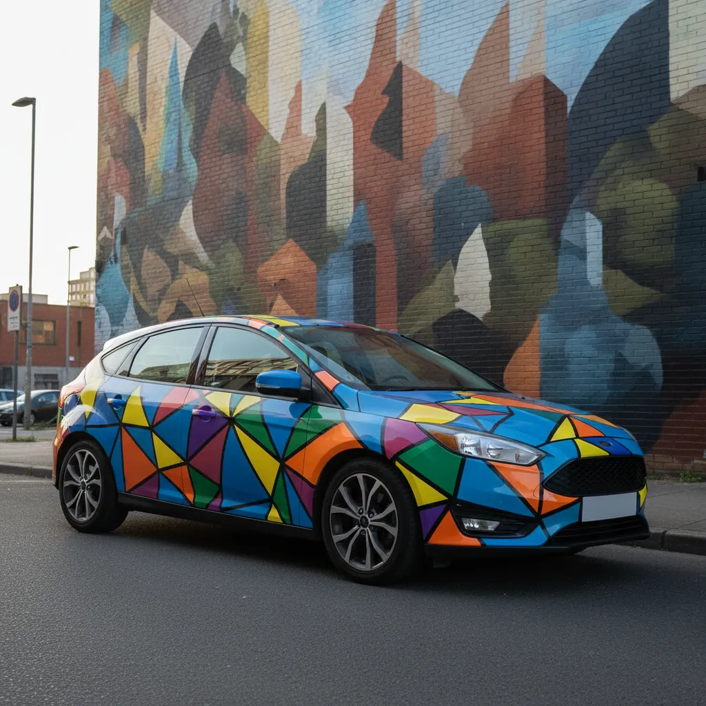 A compact hatchback with a geometric, multi-color wrap parked in front of a mural. The wrap features sharp lines and vibrant hues, contrasting with the urban art background. The car is angled to highlight the wrap’s complexity and the professional finish.