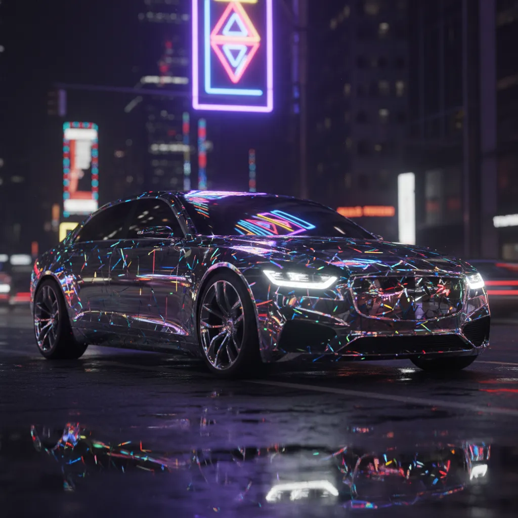 A luxury sedan with a chrome mirror wrap reflecting city lights at night. The car is parked under neon signage, and the wrap creates a dazzling, futuristic effect. The composition emphasizes the reflective quality and urban energy.