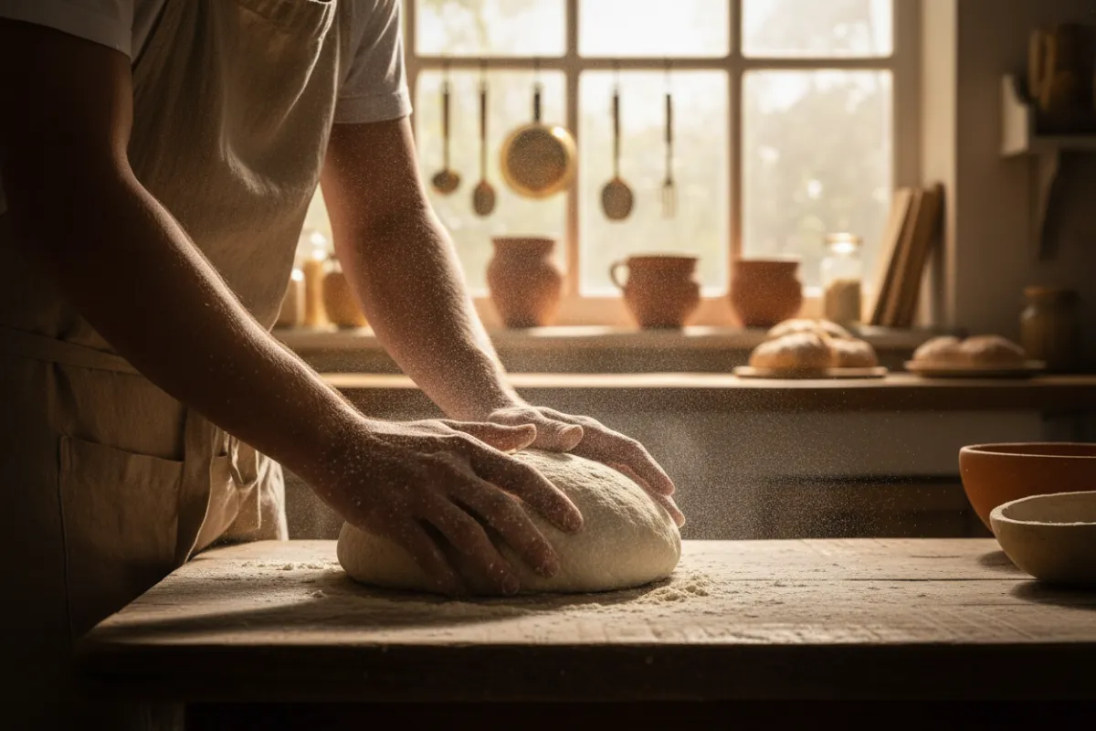 Baker shaping dough in a sunlit kitchen, flour dust in the air, hands focused on craft.
