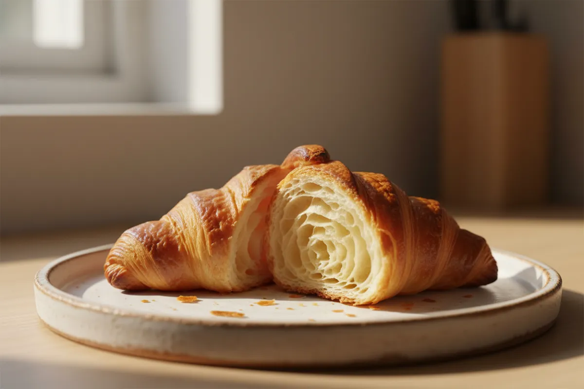 Flaky croissant on ceramic plate, golden layers, airy interior.