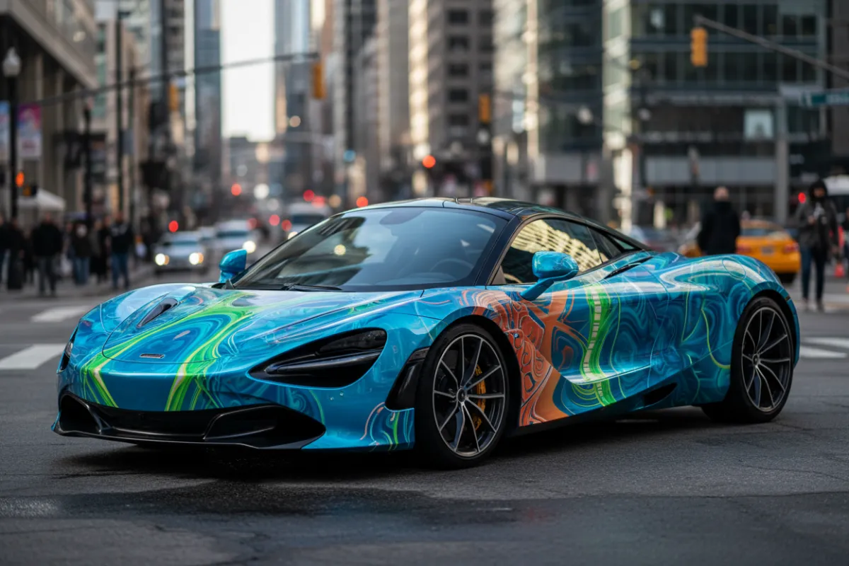 A vibrant, freshly wrapped sports car in a dynamic urban setting, reflecting sunlight off its glossy, custom-designed wrap. The car is positioned at an angle to showcase the full transformation, with cityscape blurred in the background. The wrap features bold colors and intricate patterns, highlighting the precision and creativity of the service.