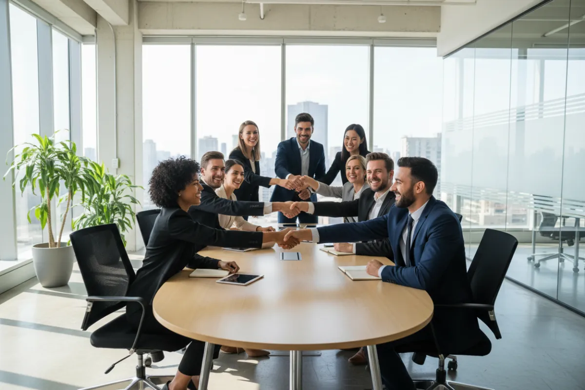 A group of business professionals from various backgrounds, gathered around a table, smiling and shaking hands in a bright, modern workspace. The environment is open and filled with natural light, symbolising partnership and global collaboration. The composition is energetic and forward-looking.