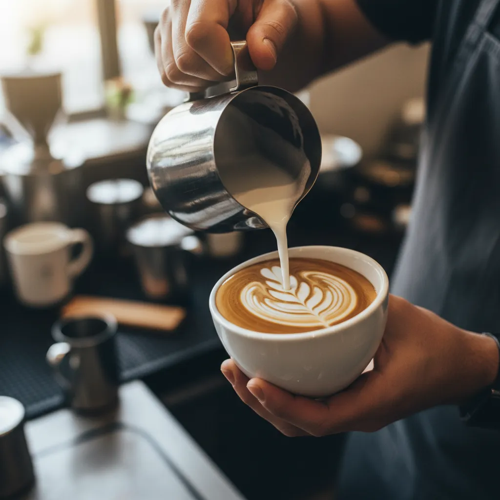 Barista pouring latte art, close-up, focused hands.