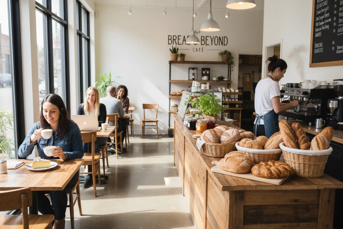 A bustling café interior with sunlight streaming through large windows, a diverse group of people enjoying artisan breads and coffee at rustic wooden tables, and a barista smiling behind a counter filled with fresh pastries. The scene is warm, inviting, and lively, capturing the essence of a welcoming bakery café.