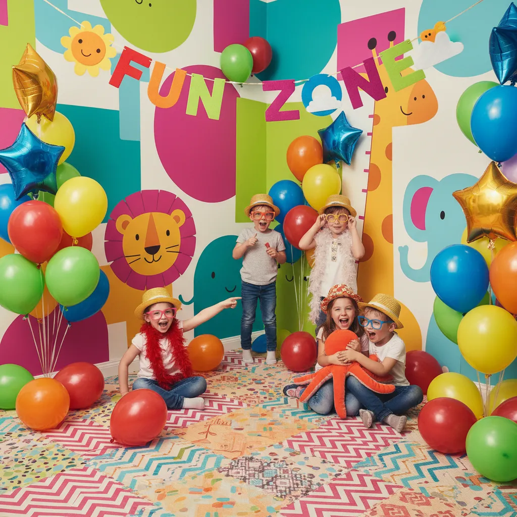 Sudut foto bertema kanak-kanak dengan belon dan banner ceria