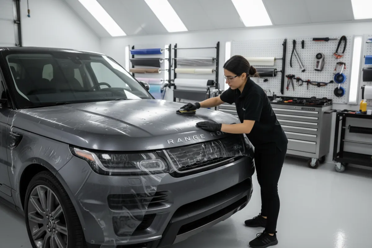 A luxury SUV being wrapped in a matte metallic film inside a spotless, high-tech garage. The technician, a young woman with gloves, is carefully smoothing the wrap over the hood. The scene is well-lit, with tools and wrap rolls neatly arranged in the background.