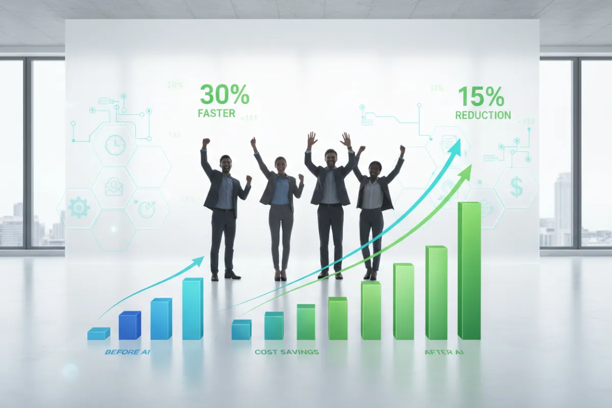 Un gráfico de barras dinámico que muestra la mejora en los tiempos de respuesta y el ahorro de costos tras la implementación de la IA, con un pequeño equipo celebrando en segundo plano. El entorno es un espacio de trabajo moderno y luminoso con superposiciones digitales que resaltan las ganancias de eficiencia.