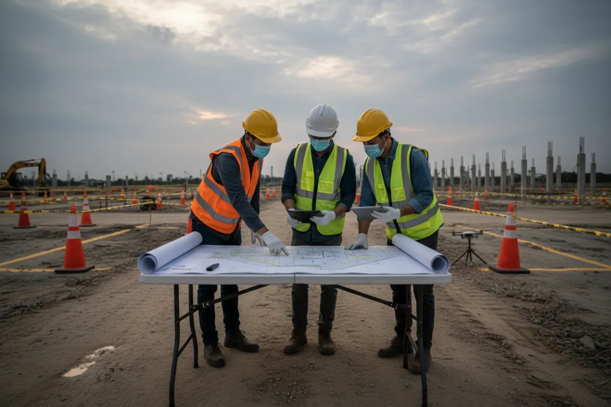 On-site team reviewing detailed site maps and plans