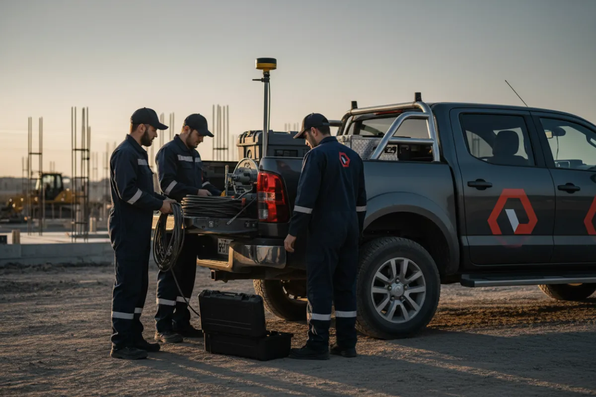 Branded field vehicle and crew preparing equipment for coordinated site operations