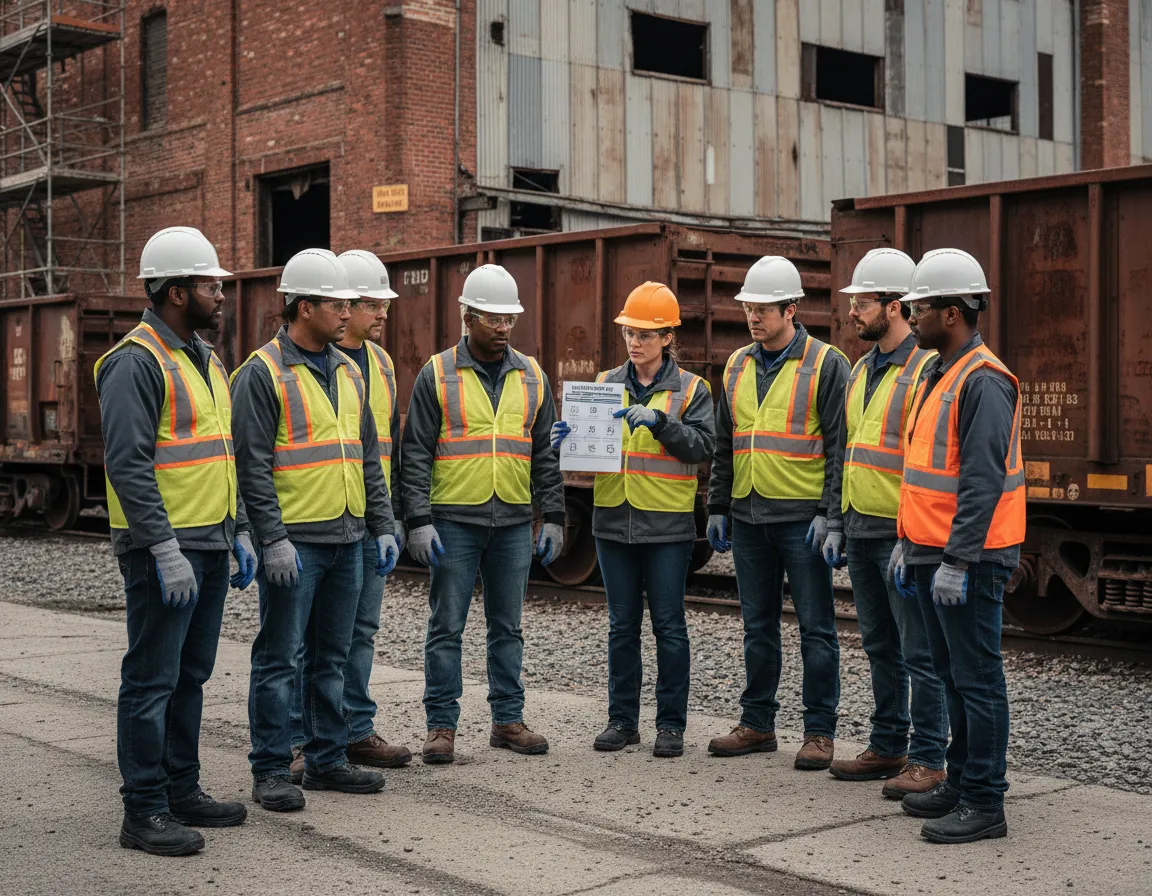 Urban Abatement crew conducting a safety briefing before encampment remediation work