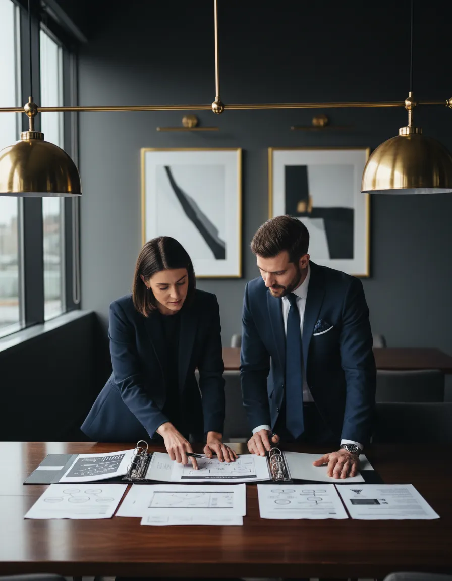 Business partners reviewing continuity plans in an office