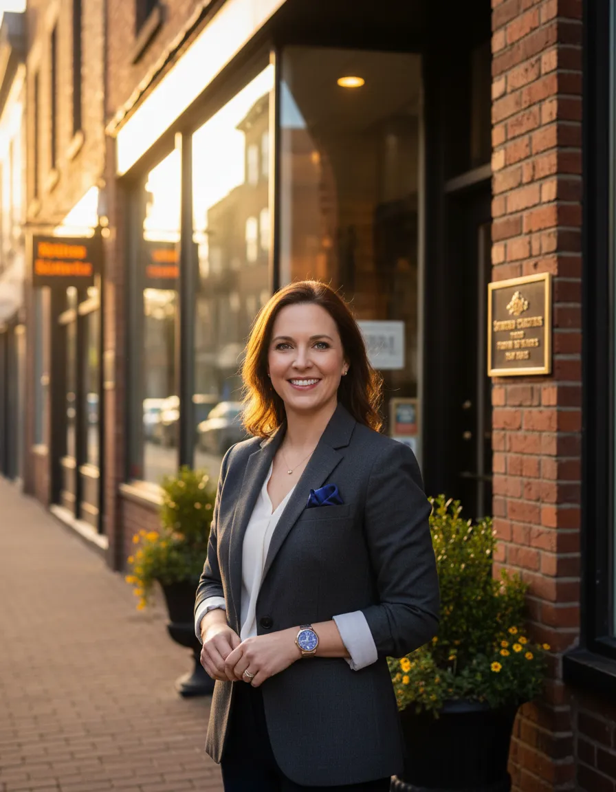 A small business owner standing outside their storefront