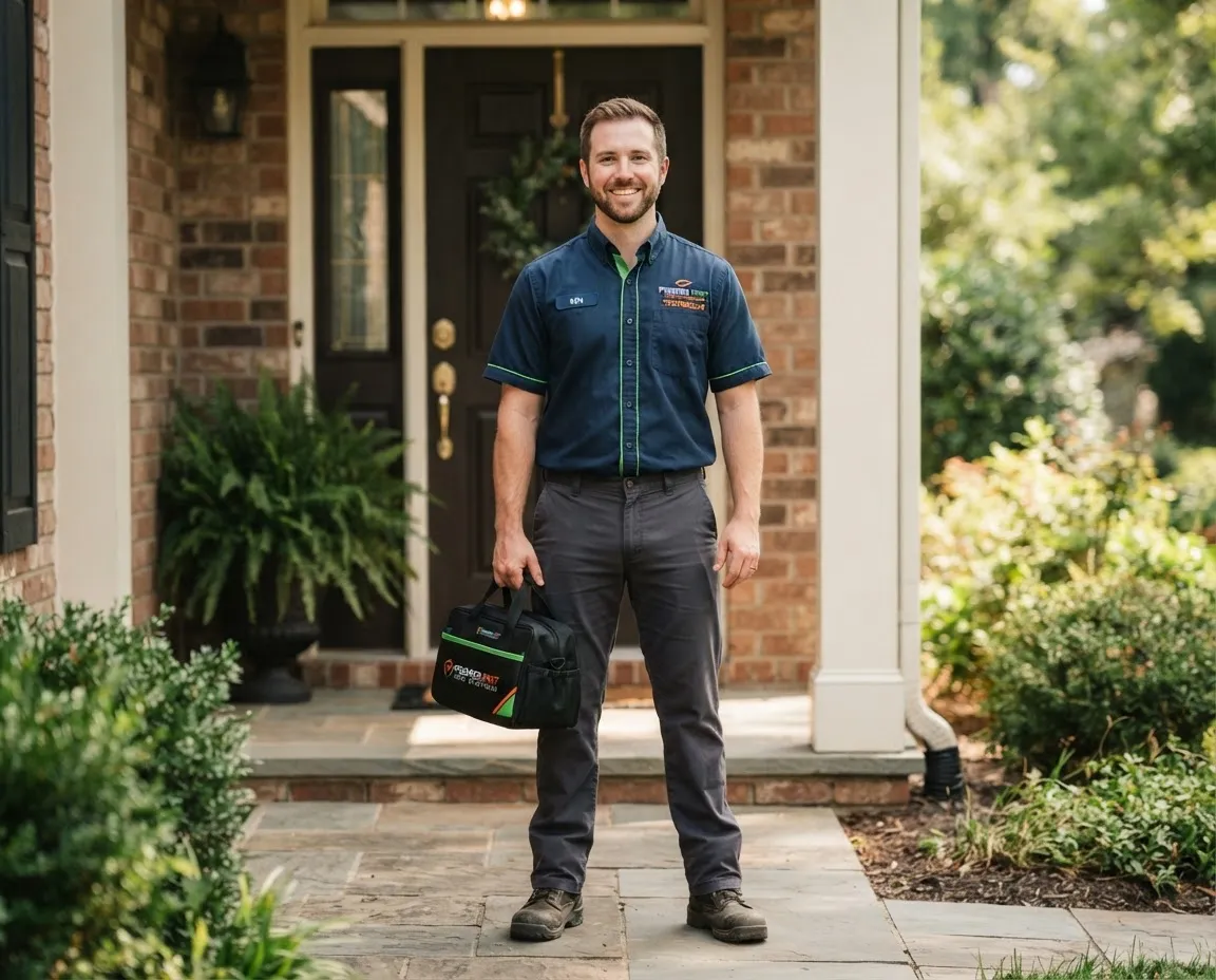 Friendly, clean-cut Summit Pest Control technician ready to inspect and service a residential property