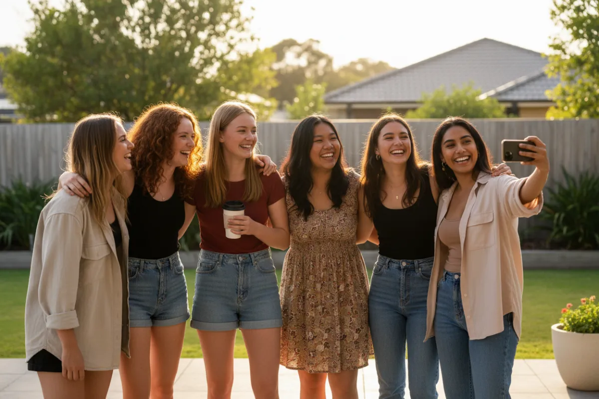 Diverse group of Australian girls (ages 16–26) interacting candidly outdoors in warm daylight, casual clothing, horizontal hero composition, optimistic mood