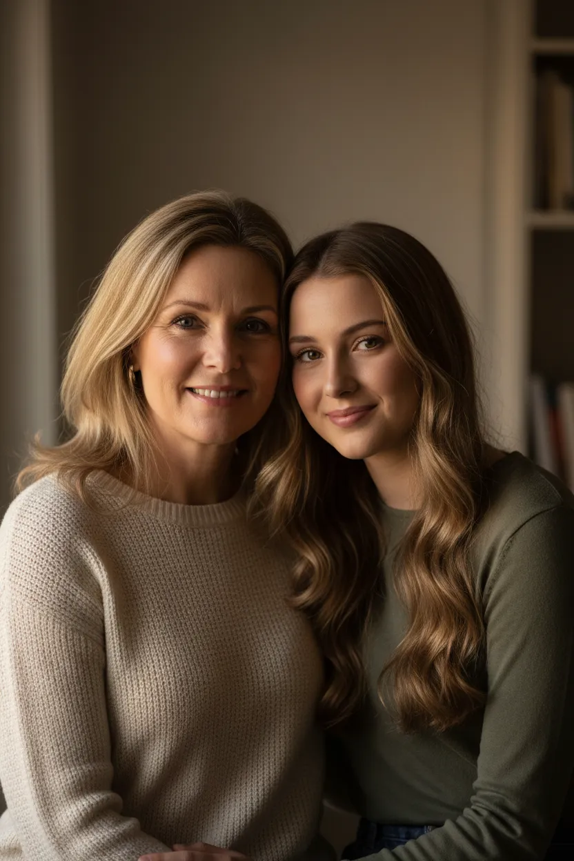 Photorealistic Australian mother and her adult daughter (over 18) smiling together in a warm home setting