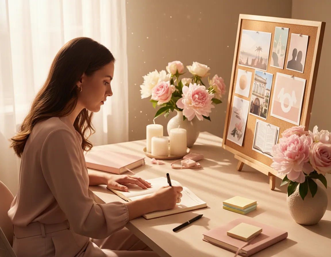 Determined young woman journaling goals, soft sunlight, vision board and flowers nearby