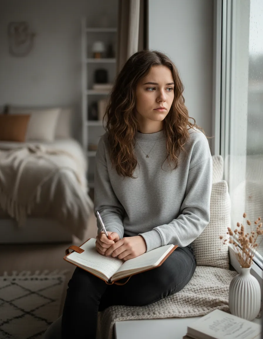 Thoughtful young woman looking out of a window, journal nearby, soft moody lighting representing overthinking and self-doubt