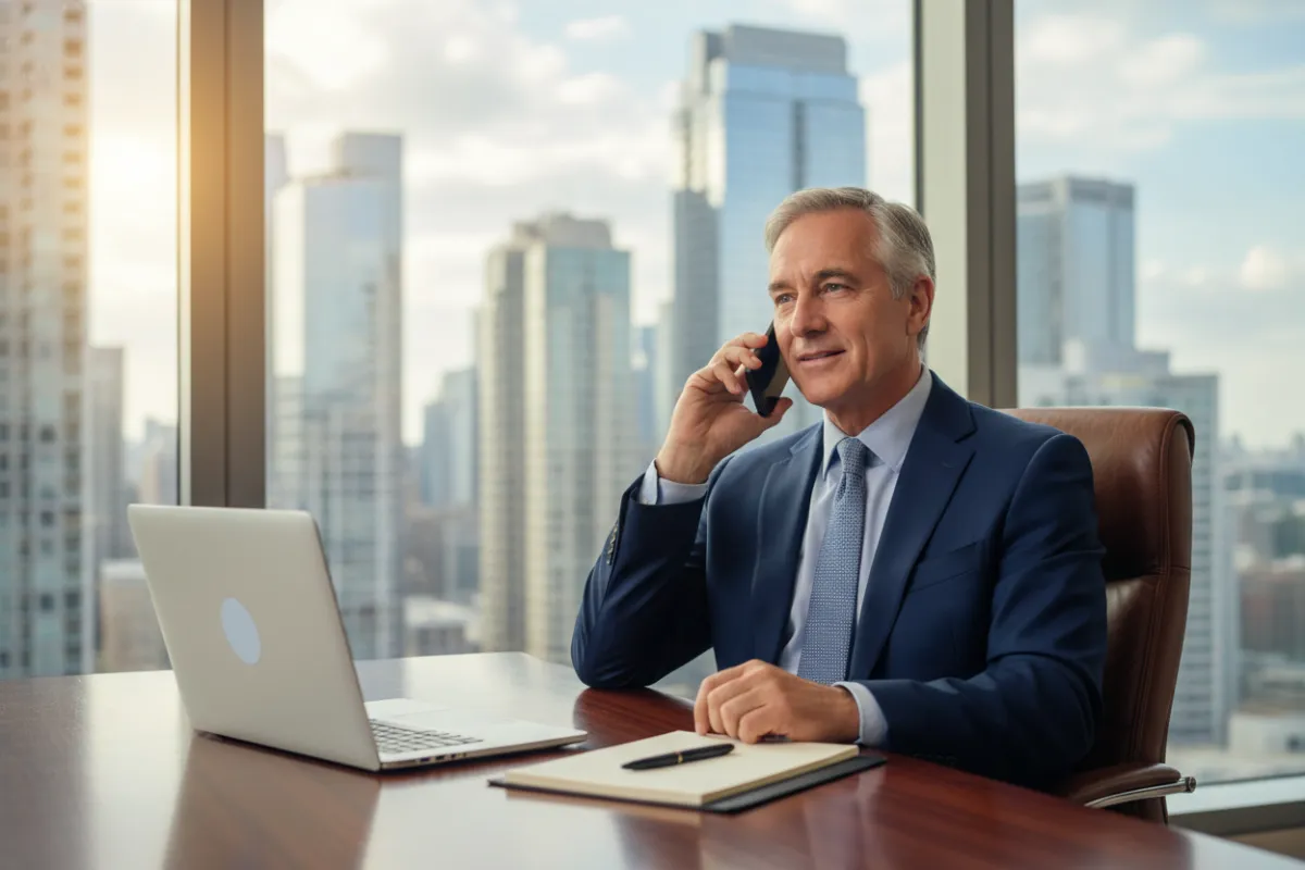 A mature male advisor in a navy suit, sitting at a desk with a laptop and notepad, speaking on the phone, large window with city view, professional and approachable atmosphere.