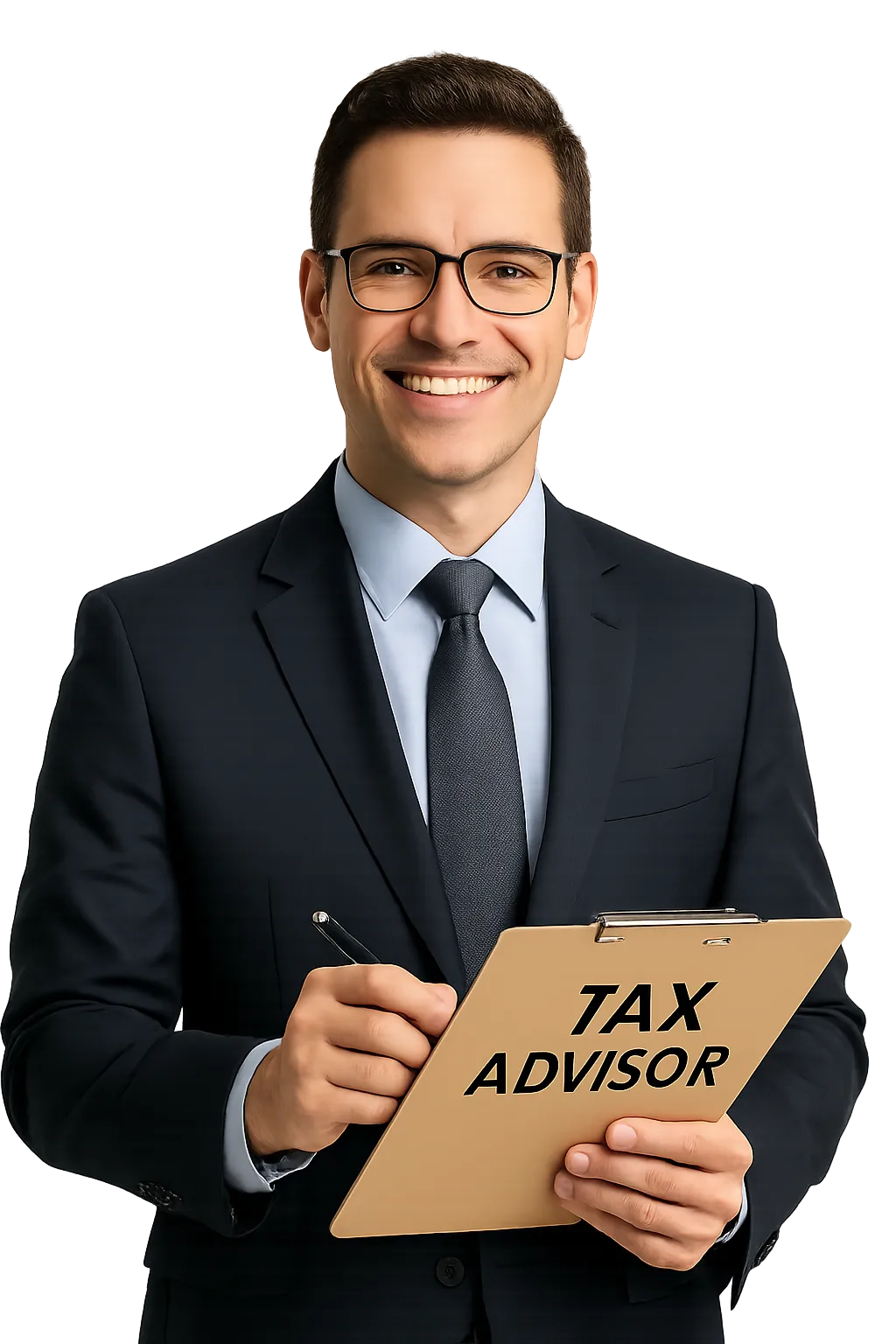 A confident, smiling tax advisor in business attire, isolated on white, holding a clipboard and pen, ready to assist clients. The image is crisp, professional, and uses a 2:3 aspect ratio for a modern, vertical hero look.