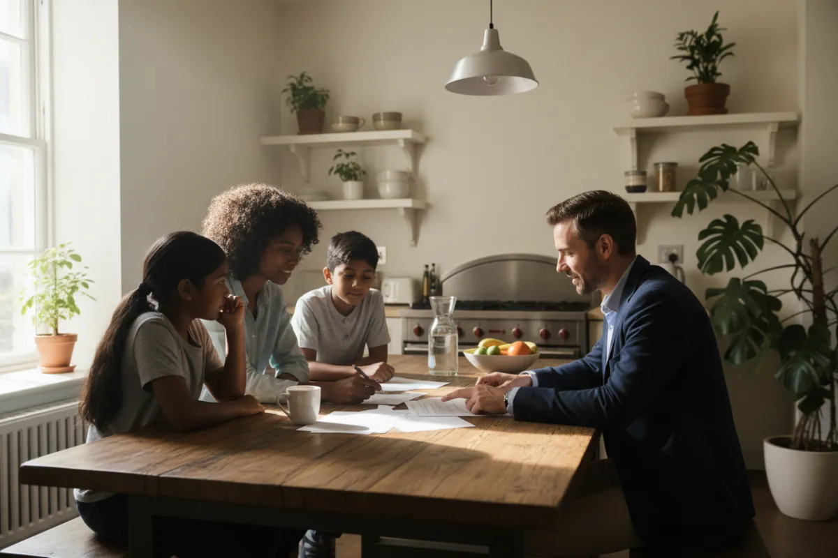 A diverse family of four, two parents and two children, sitting together at a kitchen table, reviewing documents with a professional advisor, bright natural light, warm and inviting setting.