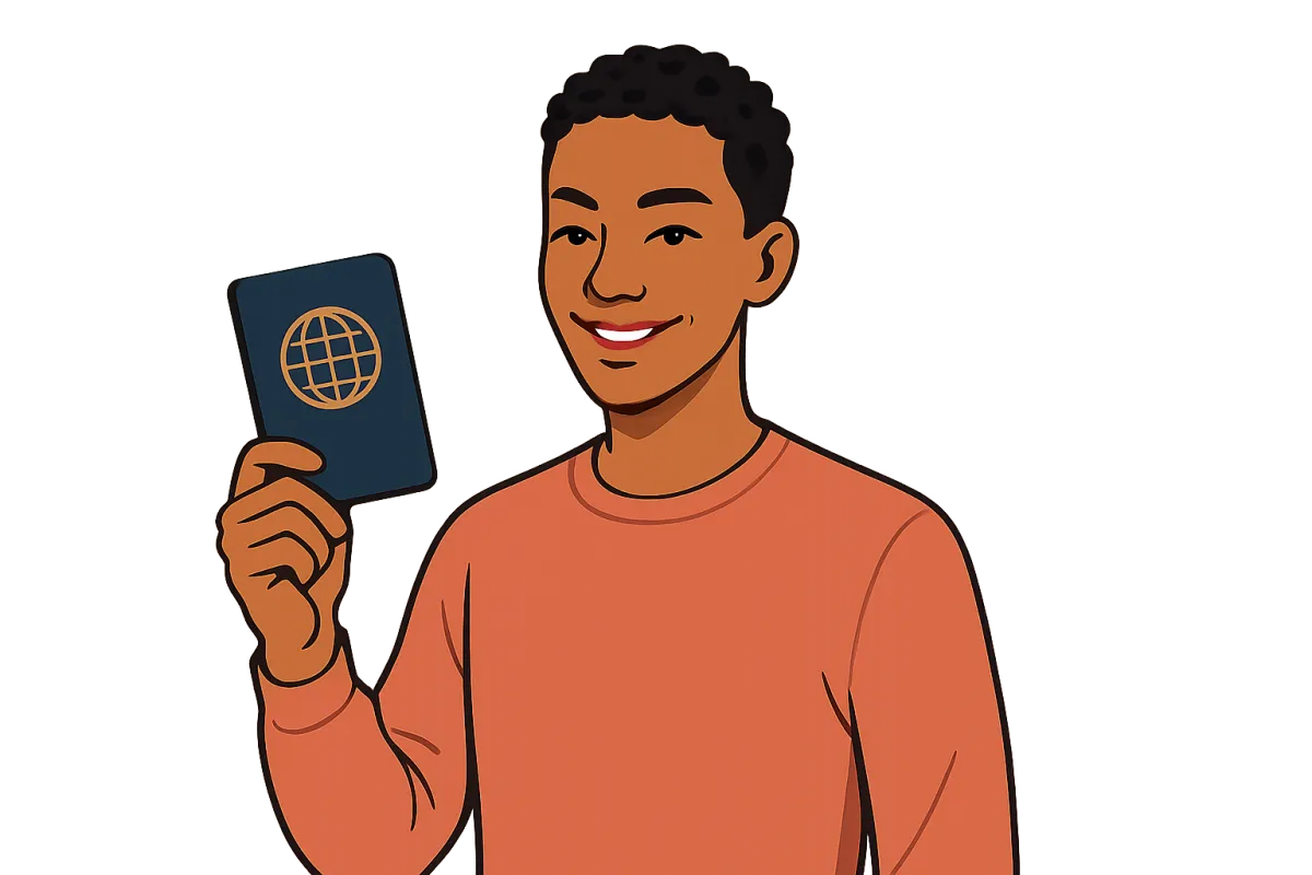 Confident, smiling individual holding a passport, isolated illustration