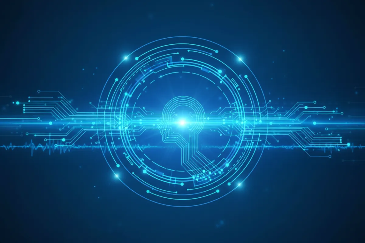 Abstract digital illustration of interconnected AI nodes and data streams forming a unified customer profile, with vibrant blue and teal tones. The composition suggests seamless integration and advanced technology, highlighting HUB+'s unique AI-driven approach.