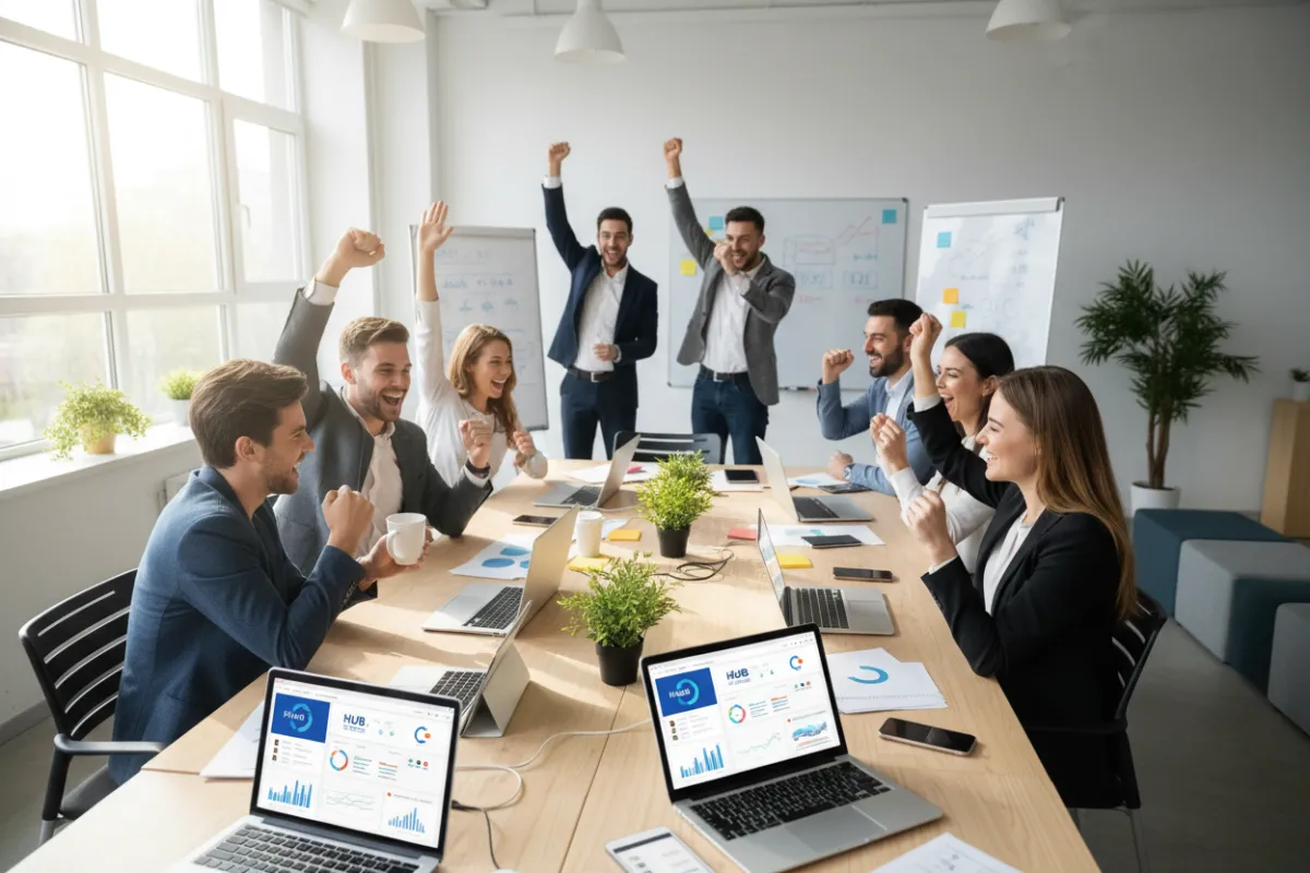 Diverse business team celebrating a successful project in a bright, collaborative workspace, with visible digital devices and CRM dashboards. The group exudes positivity and achievement, representing the results possible with HUB+ CRM.