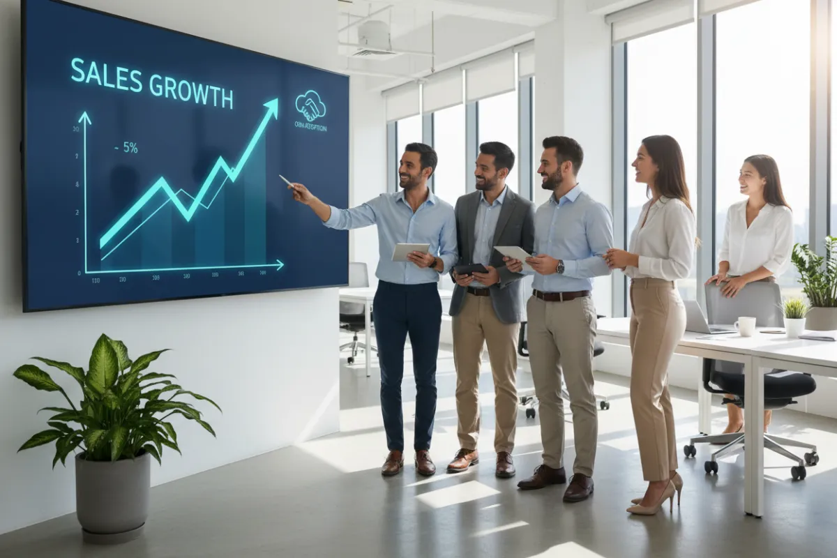 Business team reviewing a digital sales growth graph on a large screen, with diverse professionals collaborating in a bright, modern office. The scene highlights teamwork, technology, and upward sales trends, emphasizing positive outcomes from CRM adoption.