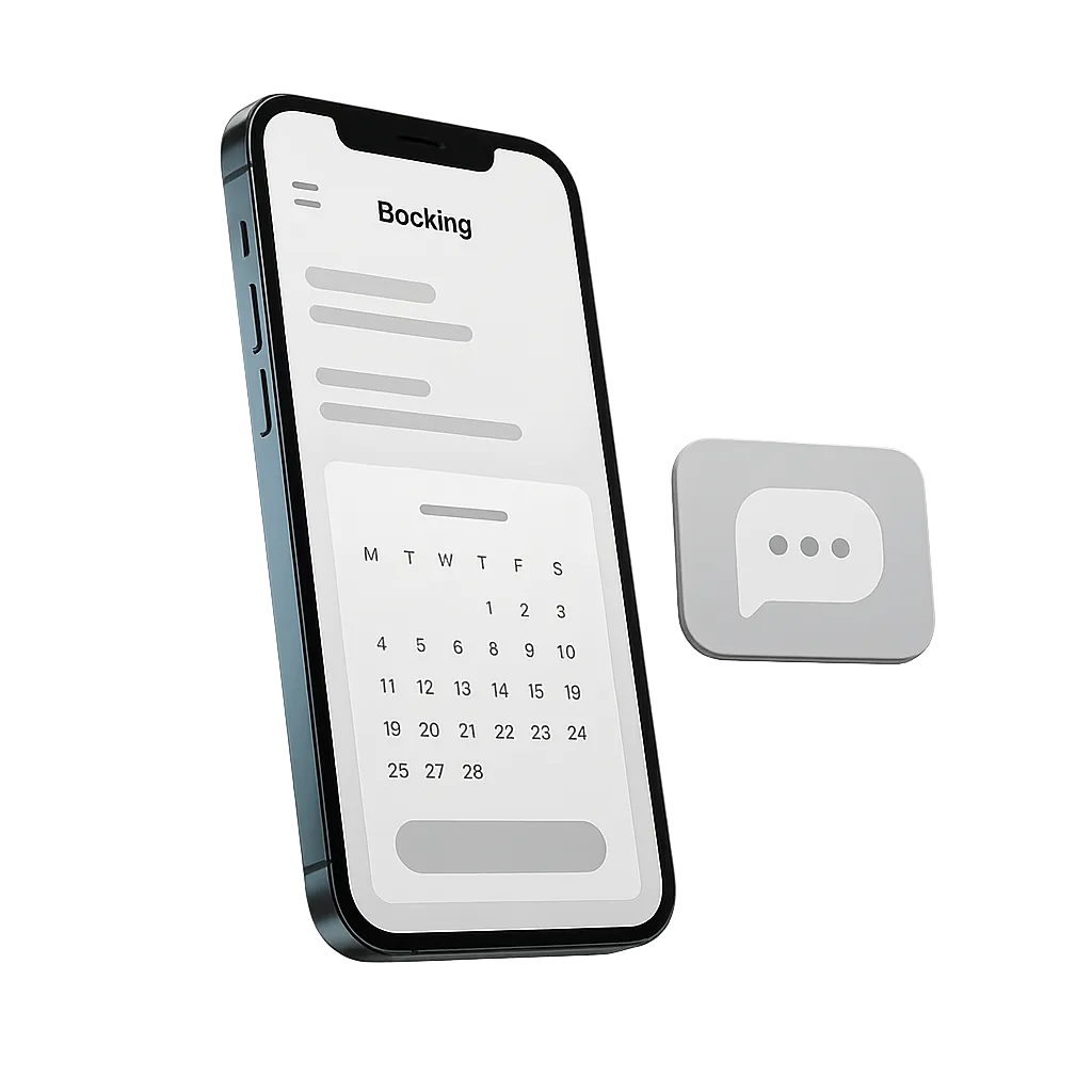 Fowntin detailing system cutout composite showing booking website, technician mobile app, and instant missed call text-back alert