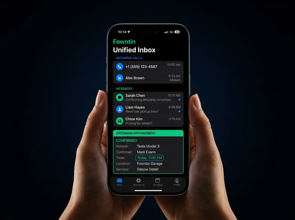 Fowntin unified inbox and operations mobile app interface showing incoming calls, customer text messages, and confirmed vehicle detailing appointments