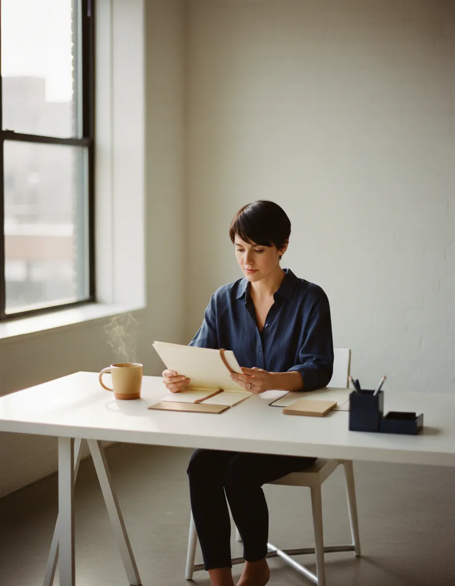 Calm small business owner reviewing simple operational structures in a bright minimalist office space