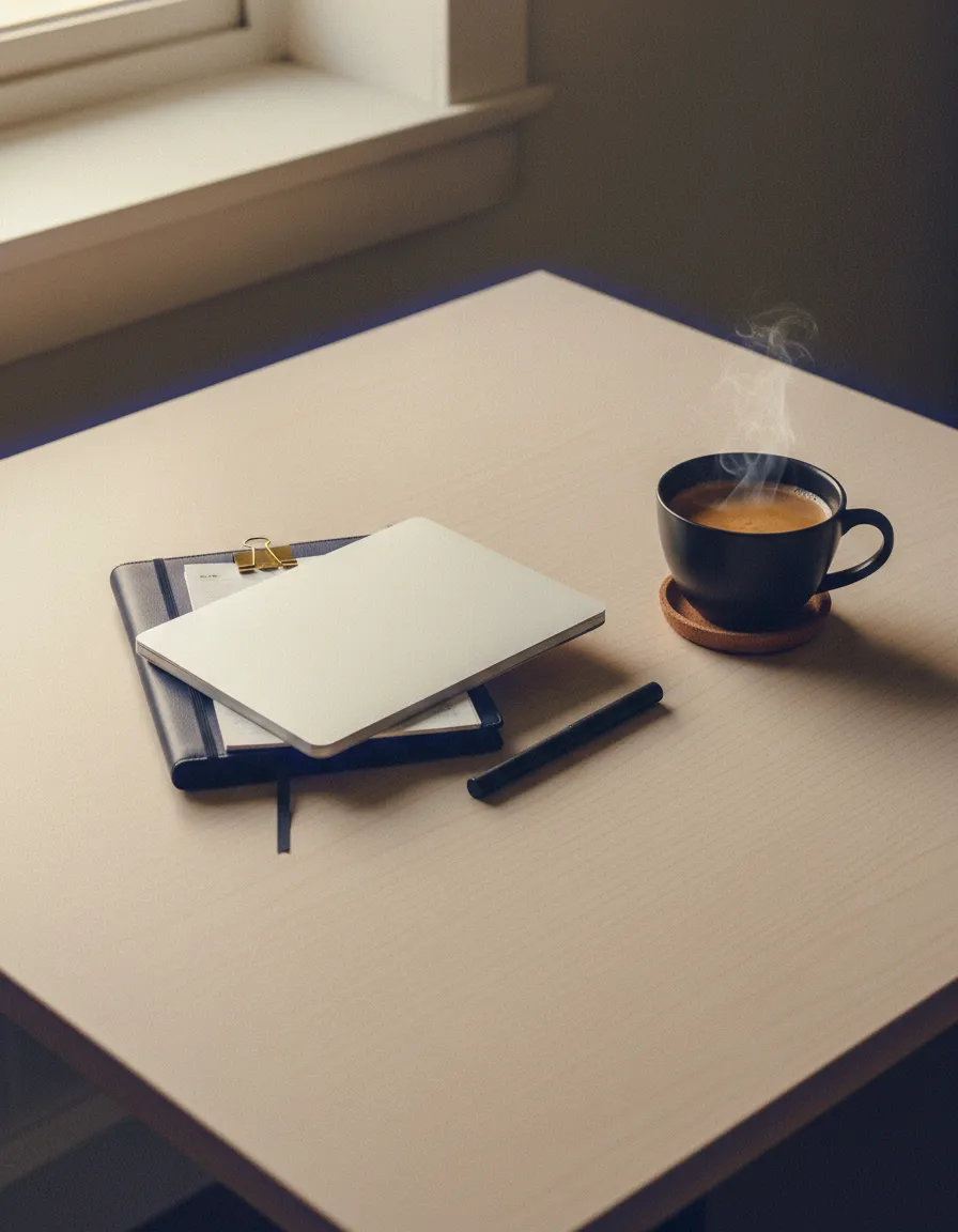 A minimalist, warm-toned view of an organized office space, reflecting business clarity.